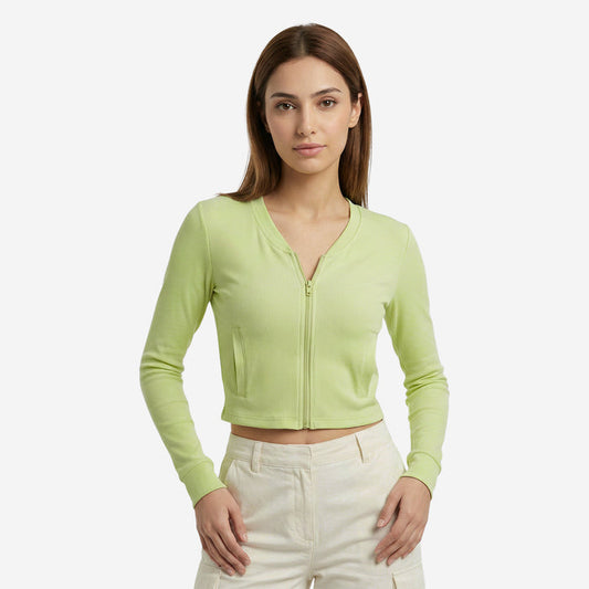 Women’s Ribbed Zip-Up Cropped Jacket (Forest Green)