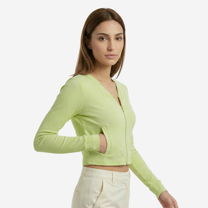 Women’s Ribbed Zip-Up Cropped Jacket (Forest Green)