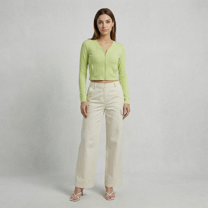 Women’s Ribbed Zip-Up Cropped Jacket (Forest Green)