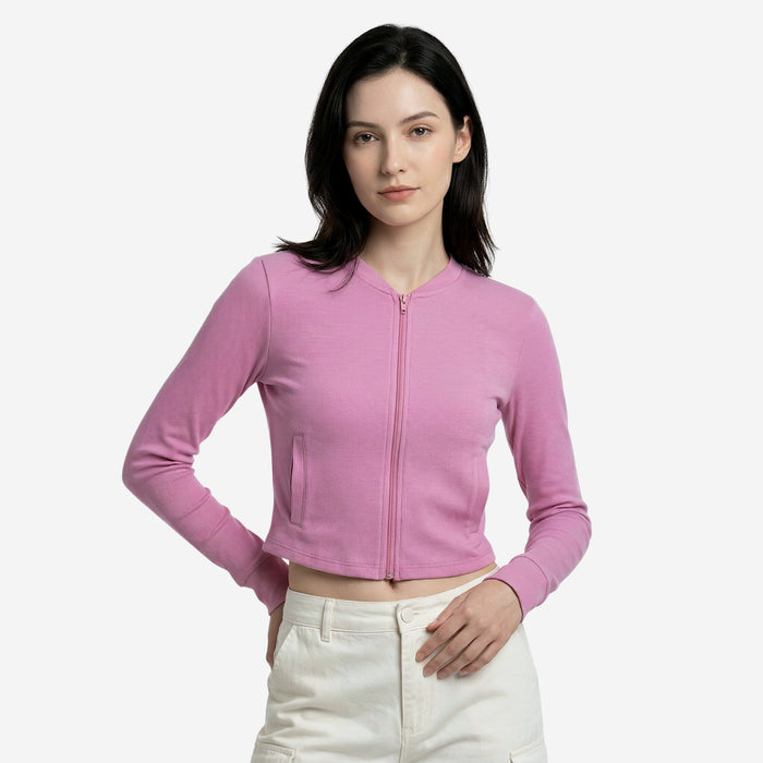 Women’s Ribbed Zip-Up Cropped Jacket (Pink)