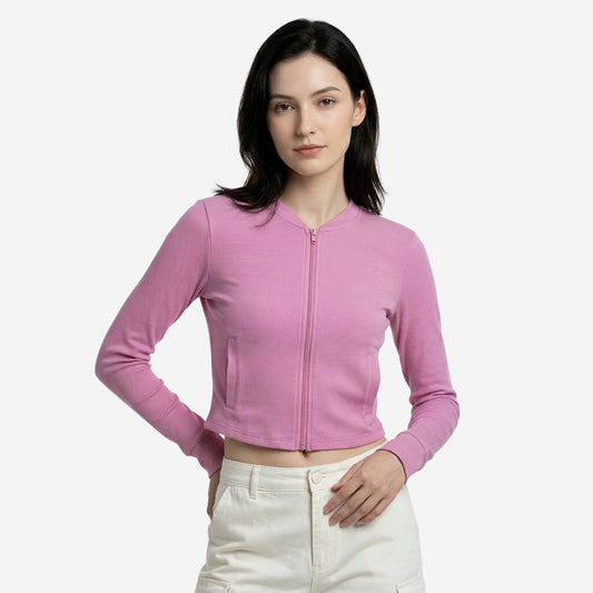Women’s Ribbed Zip-Up Cropped Jacket (Pink)