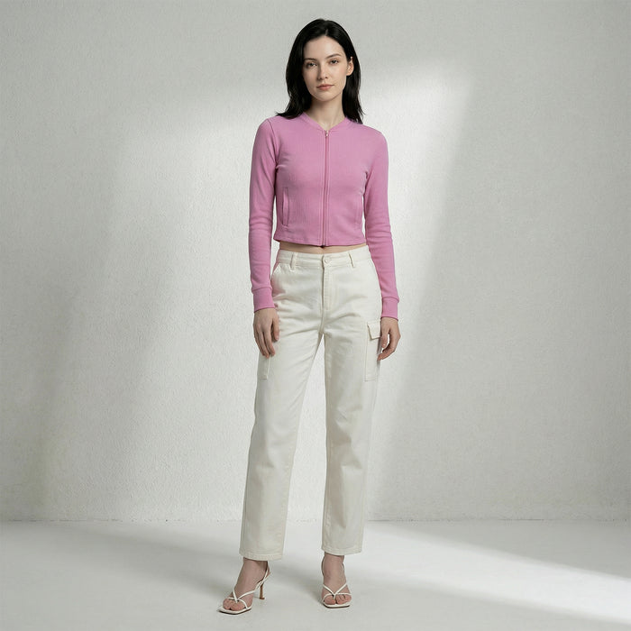 Women’s Ribbed Zip-Up Cropped Jacket (Pink)