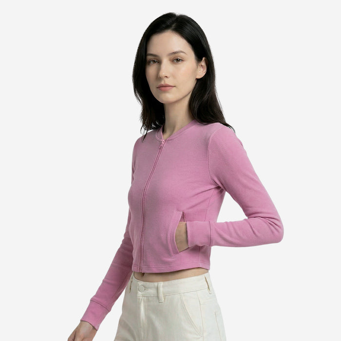 Women’s Ribbed Zip-Up Cropped Jacket (Pink)