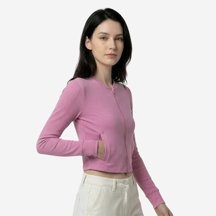 Women’s Ribbed Zip-Up Cropped Jacket (Pink)