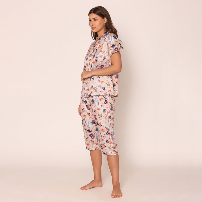 Women's Satin Floral Fantasy Night Suit Set of Shirt & Capri