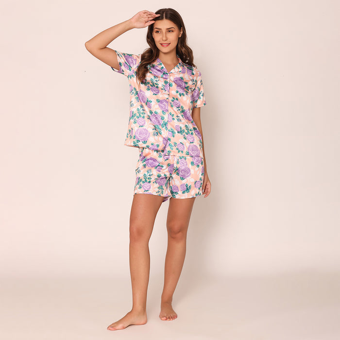 Women's Satin Rosebuds Night Suit Set of Shirt & Shorts