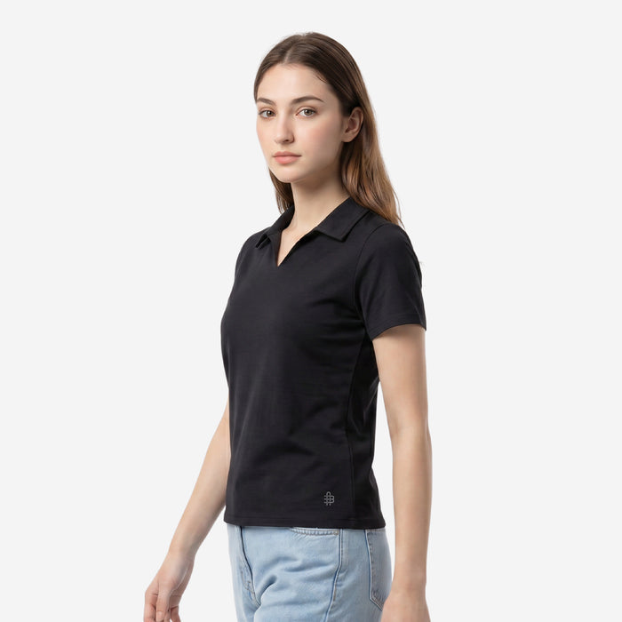 Women’s Solid Polo Half Sleeve T-Shirt (Black)